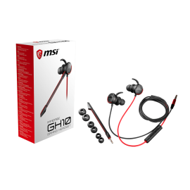MSI Immerse GH10 In-Ear Gaming Headset, 13.5mm Neodymium Drivers, Detachable Microphone, 3.5mm Jack, In-Line Remote, Tangle-Free Cable, Includes 3 Ear Tip Sizes, Black/Red