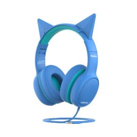 Promate Simba Over-Ear Hi-Definition SafeAudio Kids Wired Headset – 40 mm Drivers, 85 dB Volume Limiter, Detachable Cat Ears, Foldable Design – Aqua