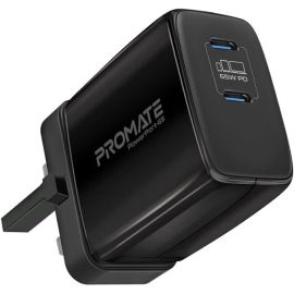 Promate 65W Super Speed GaNFast Charging Adapter with Dual USB Ports Wall Charger,  PowerPort-65