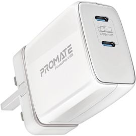 Promate 65W Super Speed GaNFast Charging Adapter with Dual USB Ports Wall Charger,  PowerPort-65-White