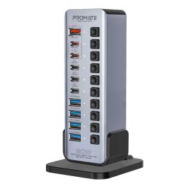 Promate GegaTower‑60W USB‑C Tower Hub Keyboard Power & Data Hub – 14‑in‑1 Charging & 5 Gbps Data, Two PD48W Ports, QC 3.0, Individual Switches