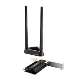 محول ASUS PCE-AXE59BT WiFi 6E PCI-E مع هوائيات خارجية 2 وقاعدة مغناطيسية. يدعم نطاق 6 جيجاهرتز، وعرض نطاق 160 ميجاهرتز، وبلوتوث 5.2، وأمان الشبكة WPA3.
