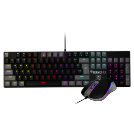 لوحة مفاتيح وماوس غشائيان سلكيان من GAMDIAS HERMES E5 2 في 1، لوحة مفاتيح كاملة الحجم بإضاءة خلفية RGB، مفاتيح غشائية معتمدة من GAMDIAS، 25 مفتاحًا، ماوس ألعاب مريح بدقة 3600 نقطة في البوصة، أسود ورمادي