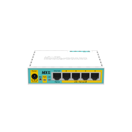 راوتر MikroTik RB750UPr2 (hEX PoE lite)، يحتوي على 5 منافذ إيثرنت مع دعم إخراج PoE لأربعة منافذ، منفذ USB، معالج بسرعة 650 ميجاهرتز، ذاكرة RAM بسعة 64 ميجابايت، ونظام التشغيل RouterOS برخصة المستوى الرابع (L4).