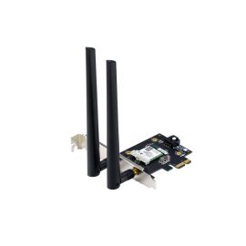 محول ASUS PCE-AXE5400 WiFi 6E PCI-E مع هوائيات خارجية مزدوجة. يدعم نطاق 6GHz، وعرض ترددي 160MHz، وBluetooth 5.2، وأمان الشبكة WPA3