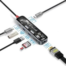 Promate TransHub‑Lite USB‑C Hub – Transparent 7‑in‑1 Slim Adapter with 4K@60Hz HDMI, 100W PD Passthrough, Dual USB‑A, USB‑C Data, SD/TF Slots – Includes Keyboard Name Placeholder