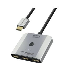 Promate MediaSwitch-H3 3-in-1 HDMI Switch – Ultra HD 4K, 60 Hz, Aluminum Body, Button-Controlled, Plug-and-Play, Compact Design, MS9601A Chipset – Black
