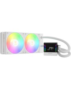 مبرد معالج سائل GAMDIAS CHIONE E4-240 أبيض، مزود بشاشة عرض رقمية RGB، قطر 240 مم، تصميم مرآة مزدوجة، مضخة PWM حاصلة على براءة اختراع، تصميم كابلات مخفي، يدعم جميع أنواع مقابس المعالجات