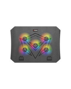 لوحة تبريد الألعاب Meetion CP3030، 370x265x32 مم، ارتفاع قابل للتعديل بأربعة مستويات، منفذي USB مزدوجين، تبريد سريع بخمس مراوح، إضاءة خلفية RGB، لأجهزة الكمبيوتر المحمولة مقاس 9 إلى 15.6 بوصة