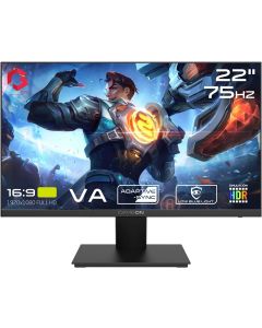 شاشة ألعاب GAMEON Basic Series مقاس 22 بوصة FHD VA Panel 1920x1080 بمعدل تحديث 75 هرتز ووقت استجابة 2 مللي ثانية وحامل ثابت وHDR وضوء أزرق منخفض، لون أسود