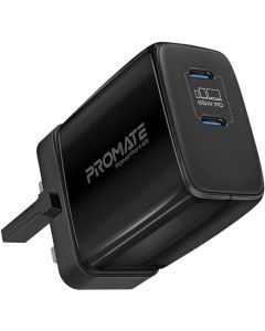 محول شحن سريع للغاية بقوة 65 وات من بروميت GaNFast مع شاحن حائط بمنفذي USB مزدوجين، PowerPort-65