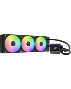 مبرد سائل GAMDIAS CHIONE E4-360 ARGB AIO، مشعاع 360 مم، شاشة عرض مزدوجة لا نهائية، 3 مراوح PWM 120 مم (800-1800 دورة في الدقيقة)، مضخة PWM 4600 دورة في الدقيقة، دعم برنامج ZEUS CAST، أسود