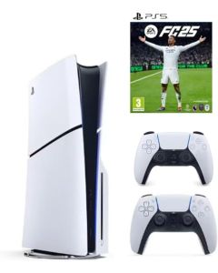 قرص Sony PlayStation 5 Slim مع وحدة تحكم Dualsense إضافية باللون الأبيض ووحدة تحكم FC25 PS5 - الإصدار الدولي
