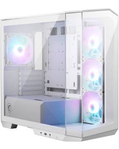 هيكل ألعاب MSI MAG PANO M100R PZ Micro ATX يدعم التوصيل الخلفي ولوحة أم 270 درجة ولوحة زجاجية Pano Temp و4 مراوح aRGB ومساحة تخزين AIO واحدة 2.5 بوصة/3.5 بوصة - أبيض
