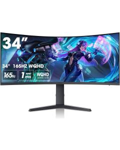 كوروي شاشة العاب منحنية الترا وايد مقاس 34 بوصة 165HZ، 1 مللي ثانية، 1000R، WQHD 3440 x 1440، 21:9، DCI-P3 90% تدرج لوني 90%، متوافقة مع المزامنة التكيفية، حامل قابل للامالة/الارتفاع قابل للتعديل، HDMI