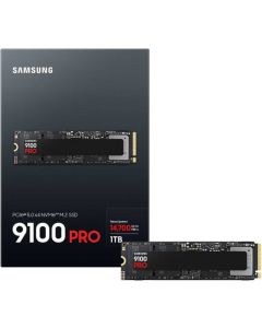 قرص SSD من سامسونج 9100 PRO NVMe M.2 2280 سعة 1 تيرابايت، واجهة PCIe 5.0 x4، سرعات قراءة/كتابة متسلسلة تصل إلى 14,800/13,400 ميجابايت/ثانية، سرعات قراءة/كتابة عشوائية تصل إلى 2,200 ألف/2,600 ألف عملية إدخال/إخراج في الثانية، ضمان لمدة 5 سنوات
