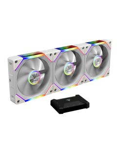 GAMDIAS AEOLUS P2-1203U WH 120 مم ARGB PWM Triple Castle Fan Pack، سلسلة ديزي بدون كابل، إطار سميك 30 مم، محمل هيدروليكي، إضاءة مرآة لا متناهية، وحدة تحكم USB AEOLUS Box II، أبيض