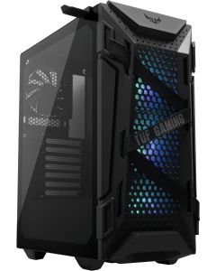 أسوس TUF الألعاب GT301 ATX mid-tower compact case with tempered glass side panel, honeycomb front panel, 120mm AURA Addressable RGB fan, VGA holder, headphone hanger and 360mm radiator support.