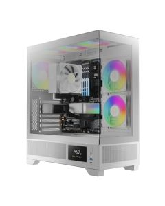 علبة كمبيوتر GAMDIAS Atlas M1 باللون الأبيض، تصميم متوسط ​​الحجم، مزودة بنوافذ جانبية من الزجاج المقوى، وإضاءة ARGB، ونظام إدارة سهلة للكابلات، ودعم لمبردات سائلة متعددة المعجبين.