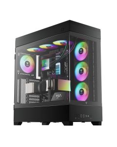 علبة كمبيوتر GAMDIAS Atlas P1 متوسطة الحجم، مزودة بلوحة جانبية أنيقة من الزجاج المقسى، وتصميم شبكي مثالي لتدفق الهواء، ومراوح ARGB مدمجة، وغطاء لمصدر الطاقة.