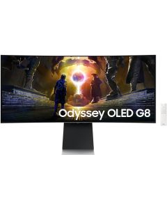 شاشة سامسونج أوديسي جي 8 الذكية للألعاب، 34 بوصة، G855D، شاشة OLED UWQHD، 3440 × 1440، معدل تحديث 175 هرتز، وقت استجابة 0.03 مللي ثانية (GtG)، تقنية AMD FreeSync Premium Pro وG-Sync، فضية