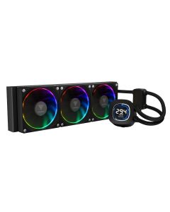 GAMDIAS CHIONE M4-360 Black Liquid Cooler, 360mm AIO, 2.1″ Rotatable LCD Display, 3× 120mm ARGB PWM Fans, 32mm Radiator, LGA1700/AM5 Compatible