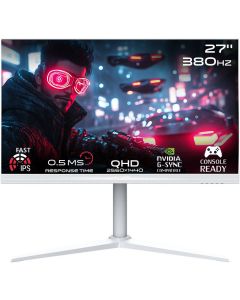 شاشة ألعاب GAMEON Arctic Pro Series مقاس 27 بوصة QHD سريعة IPS بمعدل تحديث 2560 × 1440 و380 هرتز ووقت استجابة 0.5 مللي ثانية وتقنية AMD FreeySync وNVIDIA G-Sync، باللون الأبيض