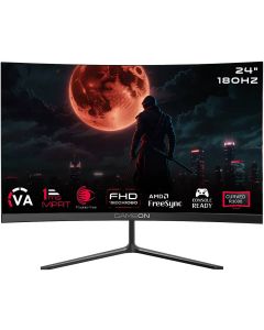 شاشة ألعاب GAMEON المنحنية مقاس 24 بوصة GOC24F180VA FHD VA، بدقة 1920 × 1080، ومعدل تحديث 180 هرتز، واستجابة MPRT 0.5 مللي ثانية، وتقنية AMD FreeSync، ومنفذ HDMI 2.1، باللون الأسود