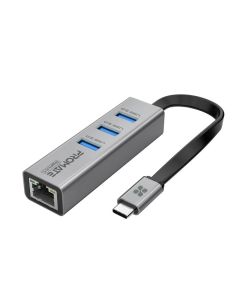 موزع Promate GigaHub‑C USB‑C إلى Ethernet وUSB‑A - Gigabit RJ45، 3 منافذ USB 3.0، تصميم صغير الحجم من سبائك الألومنيوم