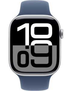 ساعة Apple Watch Series 10 مقاس 46 مم وشاشة Retina LTPO3 تعمل دائمًا بنظام تحديد المواقع العالمي (GPS) وهيكل من الألومنيوم باللون الفضي مع حزام رياضي من قماش الدنيم