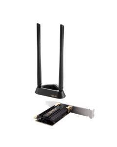 محول ASUS PCE-AXE59BT WiFi 6E PCI-E مع هوائيات خارجية 2 وقاعدة مغناطيسية. يدعم نطاق 6 جيجاهرتز، وعرض نطاق 160 ميجاهرتز، وبلوتوث 5.2، وأمان الشبكة WPA3.
