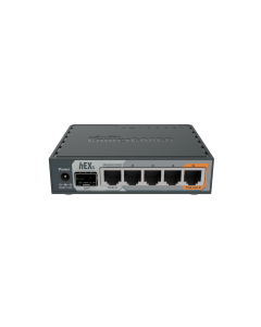 راوتر MIKROTik RB760iGS hEX S، يحتوي على 5 منافذ إيثرنت جيجابت، منفذ SFP، معالج ثنائي النواة بسرعة 880 ميجاهرتز، ذاكرة RAM بسعة 256 ميجابايت، منفذ USB، قارئ microSD، ونظام RouterOS برخصة L4.