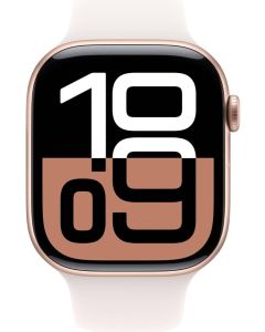 ساعة Apple Watch Series 10 مقاس 42 مم مع نظام تحديد المواقع العالمي (GPS) وشاشة Retina LTPO3 تعمل دائمًا وهيكل من الألومنيوم باللون الذهبي الوردي وحزام رياضي بلون وردي فاتح