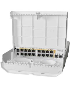ميكروتيك CRS318-16P-2S+OUT – نقطة وصول netPower 16P، مع 16 منفذ إيثرنت، و 2 منفذ +SFP، معالج 98DX226S، ذاكرة عشوائية 256 ميجابايت RAM، مساحة تخزين 16 ميجابايت فلاش، مدخلان طاقة DC مزدوجة، باللون الأبيض.