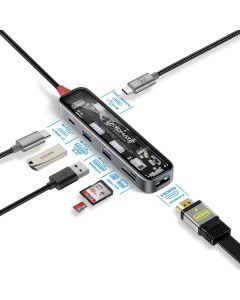 موزع بروميت ترانس هب لايت USB-C - محول شفاف رفيع 7 في 1 مزود بمنفذ HDMI بدقة 4K بتردد 60 هرتز، ومنفذ PD بقوة 100 واط، وفتحات USB-A وUSB-C للبيانات، وفتحات SD/TF - يتضمن اسم لوحة المفاتيح