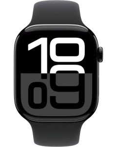 ساعة Apple Watch Series 10 مقاس 46 مم وشاشة Retina LTPO3 تعمل دائمًا بنظام تحديد المواقع العالمي (GPS) وهيكل من الألومنيوم باللون الأسود مع حزام رياضي باللون الأسود