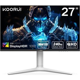 شاشة ألعاب KOORUI GN10 مقاس 27 بوصة WQHD 2560 x 1440 معدل تحديث 240 هرتز وقت استجابة 1 مللي ثانية شاشة LED صغيرة HDR 1000، ارتفاع محوري مائل قابل للتعديل DP HDMI أبيض رمادي