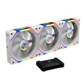 GAMDIAS AEOLUS P2-1203U WH 120 mm ARGB PWM Triple Castle Fan Pack, Cable-less Daisy-Chain, 30 mm Thick Frame, Hydraulic Bearing, Infinity-Mirror Lighting, USB AEOLUS Box II Controller, White