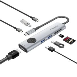 Promate ComandHub-Lite USB-C Multimedia Docking Station with 100W PD, 4K HDMI, 5Gbps USB, SD Card Reader & Ethernet Port – Grey