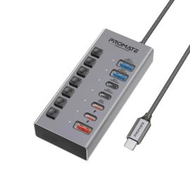 Promate GegaHub‑10G USB‑C Hub for Keyboard & Devices – 7‑in‑1, Dual 10 Gbps Ports, 20W PD, Swift Power Control