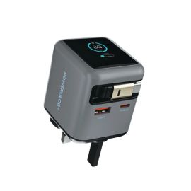 Powerology Halo Dual-Port GaN 70W Charger USB-A USB-C Ports with 80cm Retractable Type-C Cable Grey